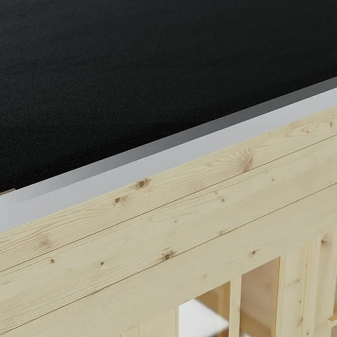 SKAN HOLZ Gartenhaus Breda 1 - Außenmaß inkl. Dachüberstand (B x T): 420 x 360 cm, Holz, Natur - Detailansicht eines Holzhauses mit schwarzem Dach, das die natürliche Holzmaserung und die Konstruktionsdetails hervorhebt.