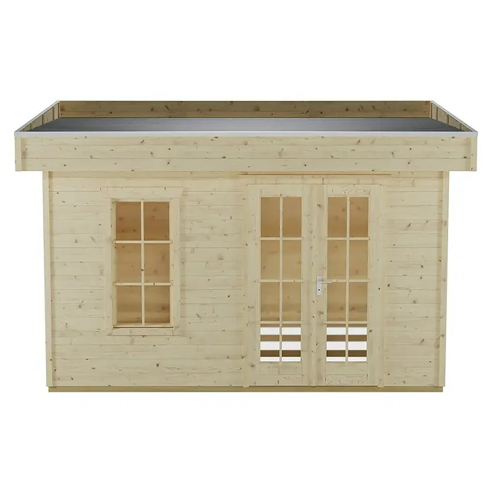 SKAN HOLZ Gartenhaus Breda 1 - Außenmaß inkl. Dachüberstand (B x T): 420 x 360 cm, Holz, Natur - Detailansicht eines Holzhauses mit Fenster und Doppeltür, ideal als Gartenhaus oder zur Erweiterung des Wohnraums im Freien.