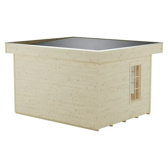 SKAN HOLZ Gartenhaus Breda 1 - Außenmaß inkl. Dachüberstand (B x T): 420 x 360 cm, Holz, Natur - Außenansicht eines Holzgartenhauses mit Flachdach und Fenster. Das Gartenhaus ist aus hellem Holz gefertigt.