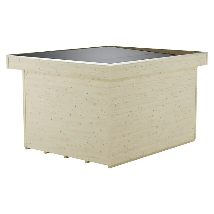 SKAN HOLZ Gartenhaus Breda 1 - Außenmaß inkl. Dachüberstand (B x T): 420 x 360 cm, Holz, Natur - Aufnahme eines Holzgartenhauses mit Flachdach. Das Gartenhaus ist aus hellen Holzbrettern gefertigt.