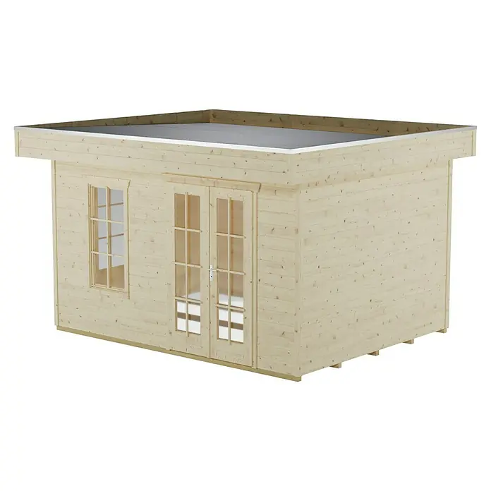 SKAN HOLZ Gartenhaus Breda 1 - Außenmaß inkl. Dachüberstand (B x T): 420 x 360 cm, Holz, Natur - Ein modernes Gartenhaus mit Flachdach und Fenstern, ideal für den Garten oder als zusätzlicher Raum. Die helle Holzkonstruktion fügt sich gut in jede Umgebung ein.