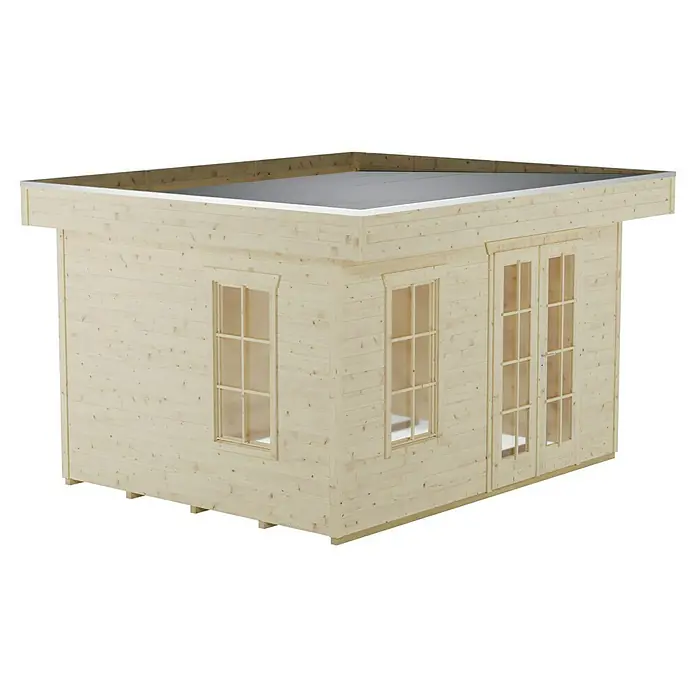 SKAN HOLZ Gartenhaus Breda 1 - Außenmaß inkl. Dachüberstand (B x T): 420 x 360 cm, Holz, Natur - Nahaufnahme eines hölzernen Gartenhauses mit Flachdach, das eine moderne und natürliche Ästhetik für den Außenbereich bietet.