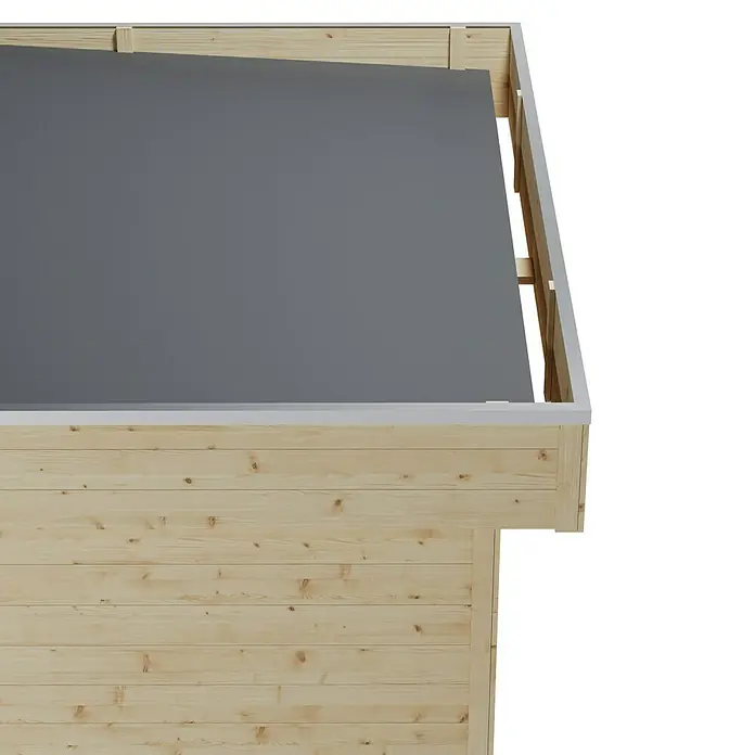 Skan Holz Gartenhaus Venlo 1Außenmaß inkl. Dachüberstand (B x T): 290 x 290 cm, Holz, Natur - Detailansicht eines Holzgartenhauses mit Flachdach, das die Holzstruktur und die graue Dachabdeckung hervorhebt. Ideal für den Garten.