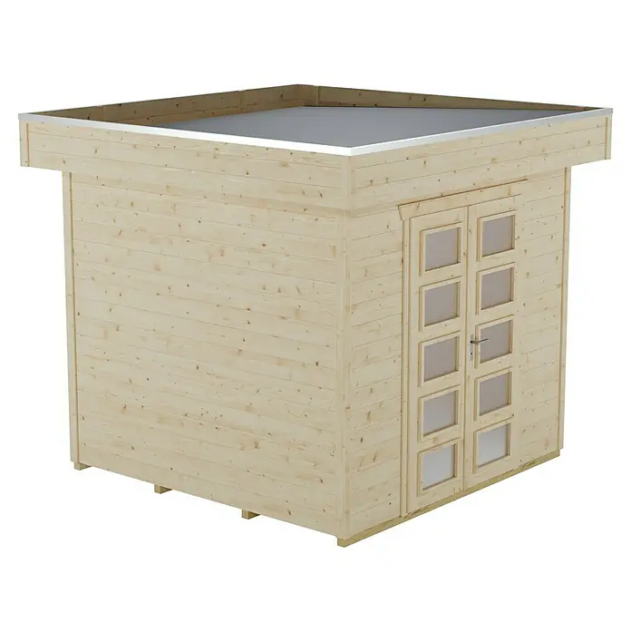 Skan Holz Gartenhaus Venlo 1Außenmaß inkl. Dachüberstand (B x T): 290 x 290 cm, Holz, Natur - Das Bild zeigt ein modernes Gartenhaus aus hellem Holz mit einer Doppeltür und einem Flachdach. Es bietet einen stilvollen Raum im Freien.