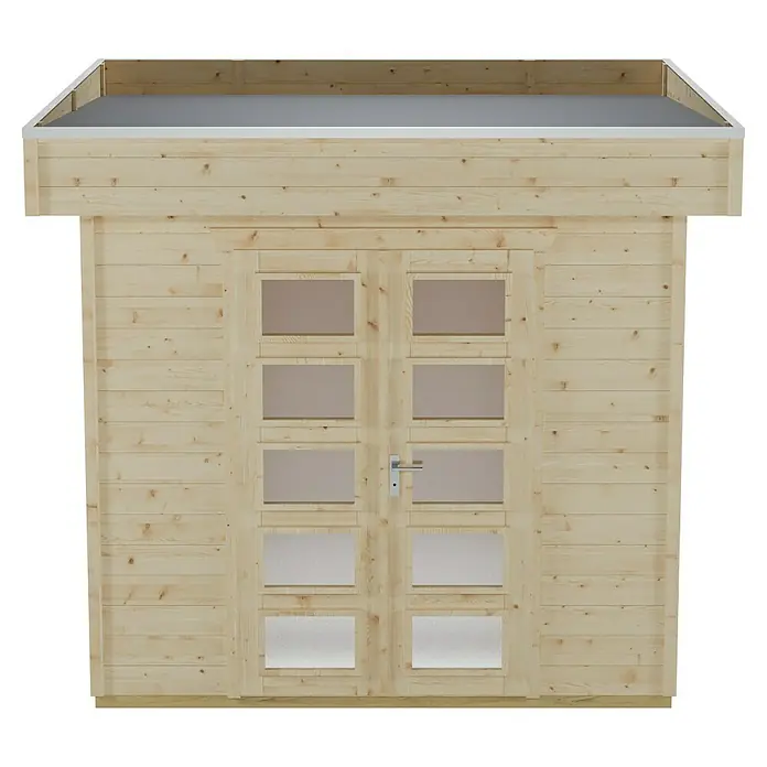 Skan Holz Gartenhaus Venlo 1Außenmaß inkl. Dachüberstand (B x T): 290 x 290 cm, Holz, Natur - Abbildung eines Gartenhauses mit Doppeltür. Das helle Holzhaus hat eine Flachdachkonstruktion und ist ideal für den Garten.