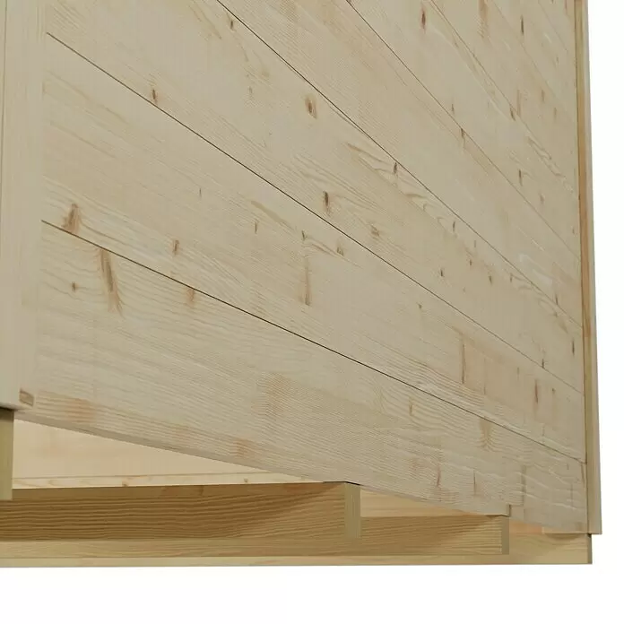 SKAN HOLZ Gartenhaus Venlo 1 - Außenmaß inkl. Dachüberstand (B x T): 290 x 290 cm, Holz, Natur - Gestapelte helle Kiefernholzplatten mit sichtbarer Maserung und Ästen, bilden eine Strukturwand.