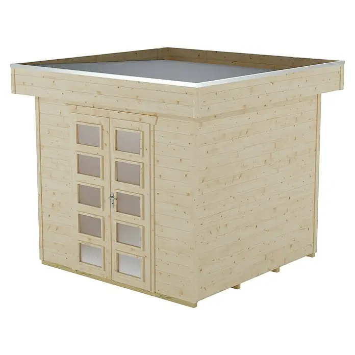 Skan Holz Gartenhaus Venlo 1Außenmaß inkl. Dachüberstand (B x T): 290 x 290 cm, Holz, Natur - Das Bild zeigt ein modernes Gartenhaus mit Holzwänden, einer Doppeltür mit Fenstern und einem Flachdach mit silberner Kante.
