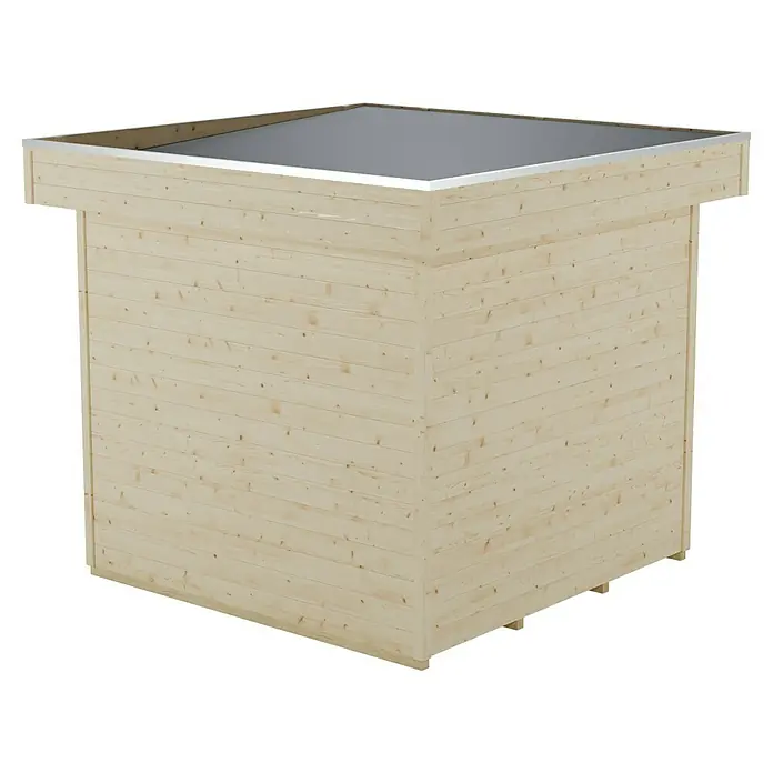 Skan Holz Gartenhaus Venlo 1Außenmaß inkl. Dachüberstand (B x T): 290 x 290 cm, Holz, Natur - Ein Holzhäuschen mit Flachdach, bestehend aus horizontalen Holzbrettern, ideal für Garten oder Terrasse.