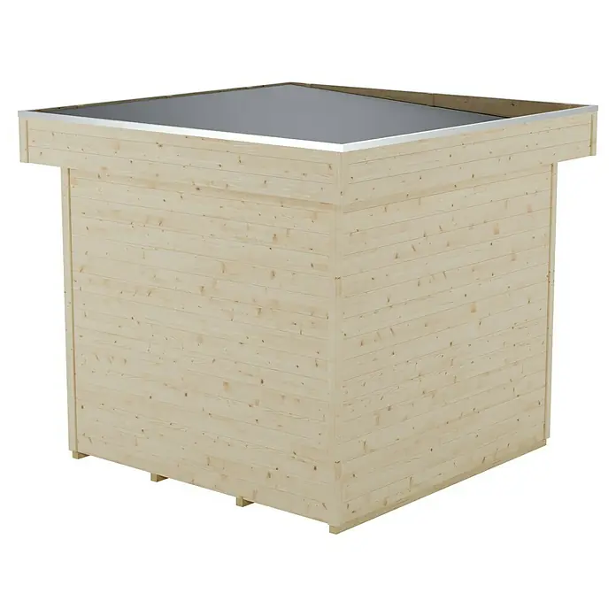 Skan Holz Gartenhaus Venlo 1Außenmaß inkl. Dachüberstand (B x T): 290 x 290 cm, Holz, Natur - Bild eines modernen Gartenhauses aus hellem Holz mit einem flachen, grau abgedeckten Dach. Das Holzhaus bietet einen schlichten, natürlichen Look.