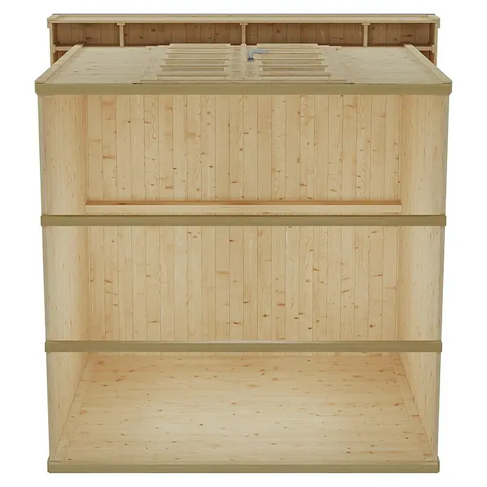 Skan Holz Gartenhaus Venlo 1Außenmaß inkl. Dachüberstand (B x T): 290 x 290 cm, Holz, Natur - Innenansicht eines Holzlagers mit drei Fächern, ideal für die Lagerung von Brennholz oder anderen Gütern. Die solide Konstruktion sorgt für Ordnung und Stabilität.