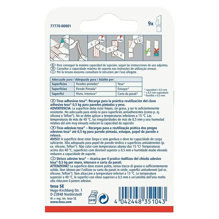 Tesa Powerstrips Tira autoadhesiva - Apto para: Paredes pintadas, Carga soportada: 0,5 kg, 9 ud. - Recambio de tiras adhesivas Tesa para clavos adhesivos reutilizables, aptas para paredes pintadas y yeso, hasta 0,5 kg.