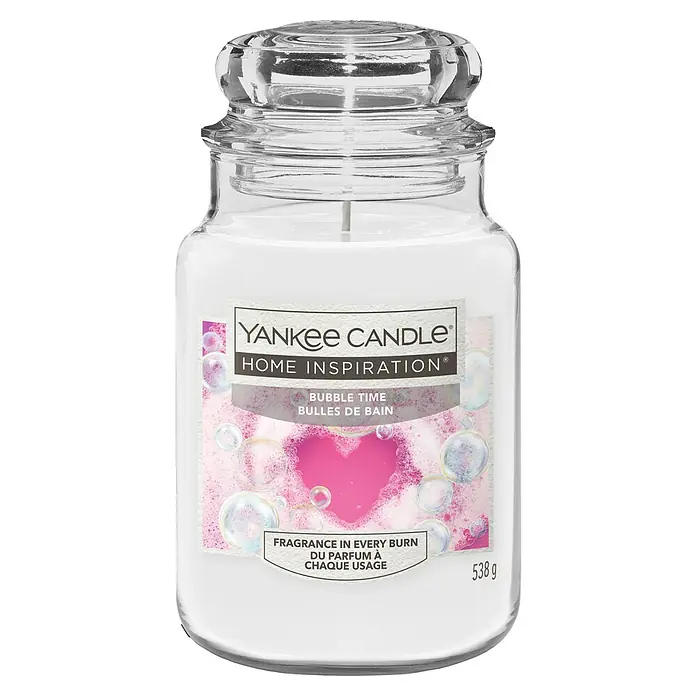 Yankee Candle Home Inspirations Duftkerze - Im Glas, Bubble Time, Large - Yankee Candle Home Inspiration Duftkerze "Bubble Time" mit Herzmotiv und Seifenblasen für ein entspannendes Badezimmerambiente.