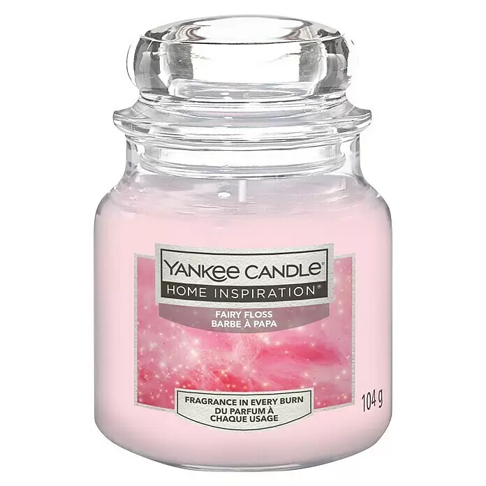 Yankee Candle Home Inspirations Duftkerze - Im Glas, Fairy Floss, Small - Rosa Yankee Candle Home Inspiration im Glasgefäß mit Deckel, Duftrichtung Zuckerwatte, 104g.