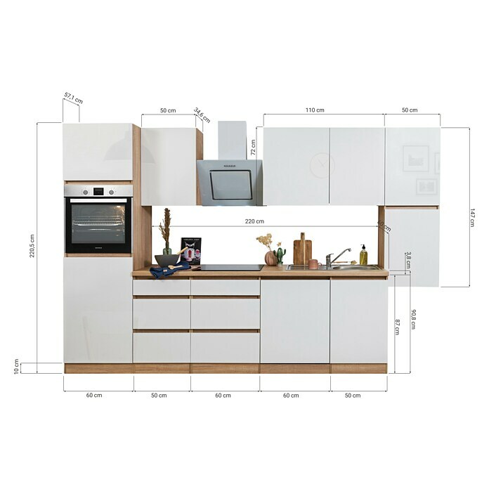 Respekta Premium Küchenleerblock Lorena (Breite: 330 cm, Grau, Dekor Arbeitsplatte: Holzoptik, Hochglänzend, Ohne Elektrogeräte) | BAUHAUS