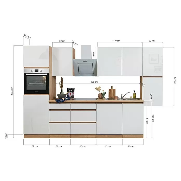Respekta Premium Küchenleerblock Lorena - Breite: 330 cm, Weiß, Dekor Arbeitsplatte: Holzoptik, Hochglänzend, Ohne Elektrogeräte - Moderne Küchenzeile mit hochglänzenden weißen Fronten, Arbeitsplatte in Holzoptik und integrierten Geräten. Maße angegeben.