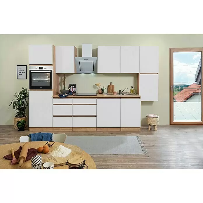 Respekta Premium Küchenleerblock Lorena - Breite: 330 cm, Weiß, Matt, Dekor Arbeitsplatte: Holzoptik, Ohne Elektrogeräte - Moderne Küchenzeile mit weißen Fronten und hellen Holzelementen, inklusive integriertem Backofen, Kochfeld und Spüle.