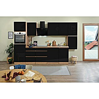 Respekta Premium Küchenleerblock Lorena (Breite: 330 cm, Schwarz, Dekor Arbeitsplatte: Holzoptik, Hochglänzend, Ohne Elektrogeräte)