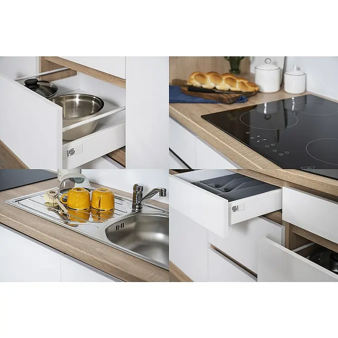 Respekta Premium Küchenleerblock Lorena - Breite: 270 cm, Grau, Dekor Arbeitsplatte: Holzoptik, Hochglänzend, Ohne Elektrogeräte - Küchenzeile mit Spüle, Herd und Schubladen. Das moderne Küchendesign zeichnet sich durch helle Farben und eine schlichte Eleganz aus.