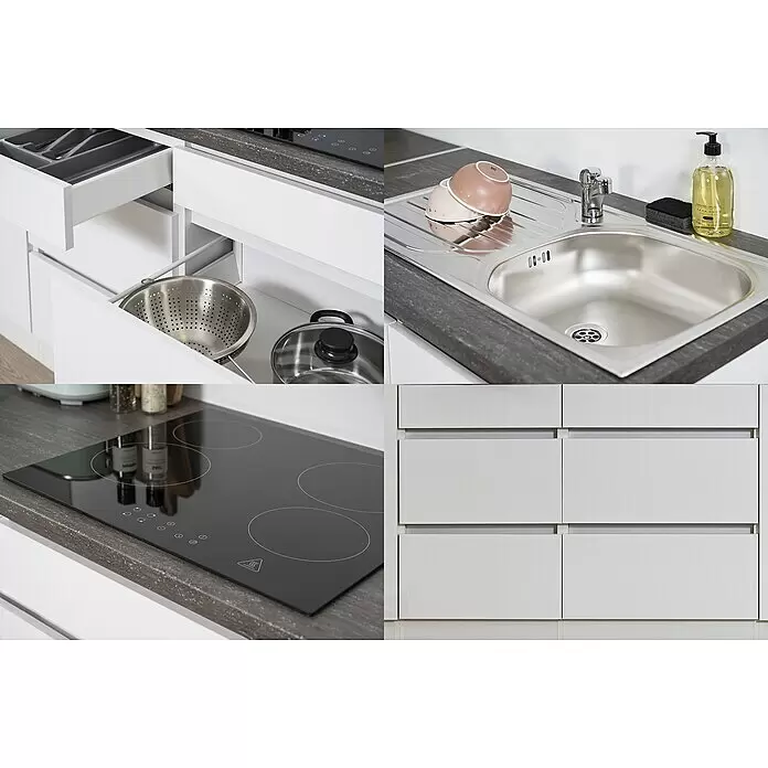Respekta Premium Küchenleerblock LorenaBreite: 280 cm, Weiß, Hochglänzend, Dekor Arbeitsplatte: Steinoptik, Ohne Elektrogeräte