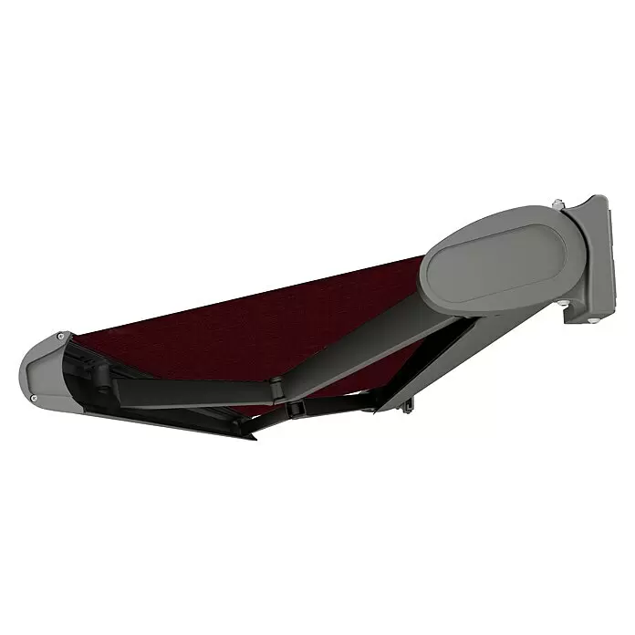 SM Vollkassettenmarkise T-407/11 - Rot, Farbe Gestell: Weißaluminum, Breite: 3,6 m, Ausfall: 2,5 m - Teilweise ausgefahrene rote Markise mit grauem und schwarzem Gestell.
