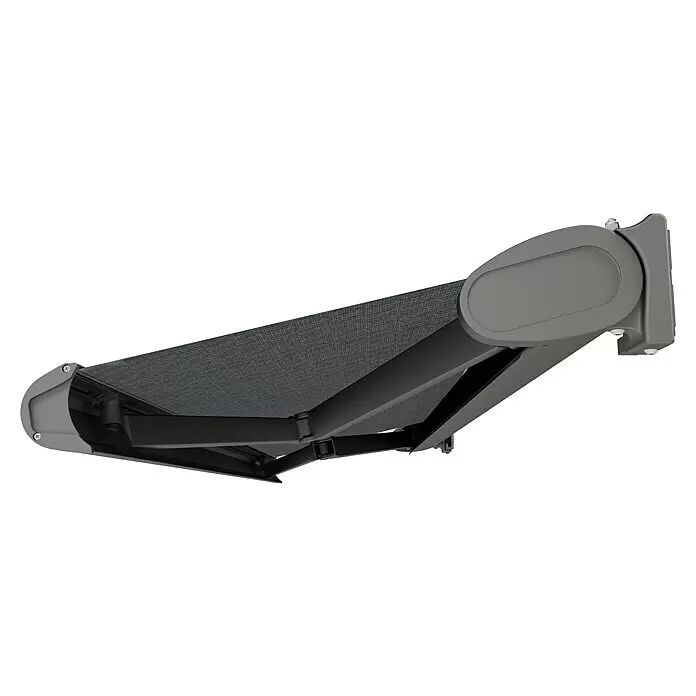 SM Vollkassettenmarkise T-5406/107 - Grau, Farbe Gestell: Weißaluminum, Breite: 5 m, Ausfall: 3 m - Dunkelgraue Gelenkarmmarkise, teilweise eingefahren, mit grauem Gehäuse und schwarzen Stützarmen, von unten gesehen.