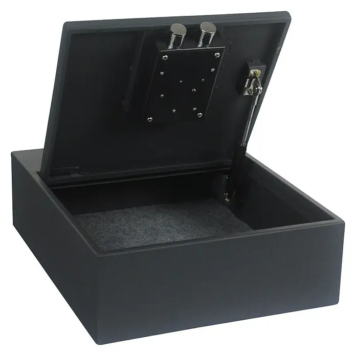 Arregui Caja fuerte Basa 20000-S7K - L x An x Al: 31 x 38 x 11 cm, Tipo de bloqueo: Cerradura de seguridad con doble paletón - Una caja fuerte negra abierta con un fondo de tela gris. La caja fuerte tiene una cerradura con una llave en el interior de la puerta.