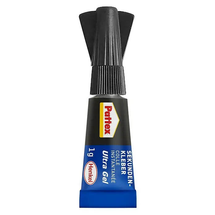 Pattex Sekundenkleber Ultra Gel Mini Trio - 1 g, Gelartig, Tube - Nahaufnahme einer 1g-Tube Pattex Sekundenkleber Ultra Gel, ideal für schnelle und starke Klebungen im Haushalt und bei Reparaturen.