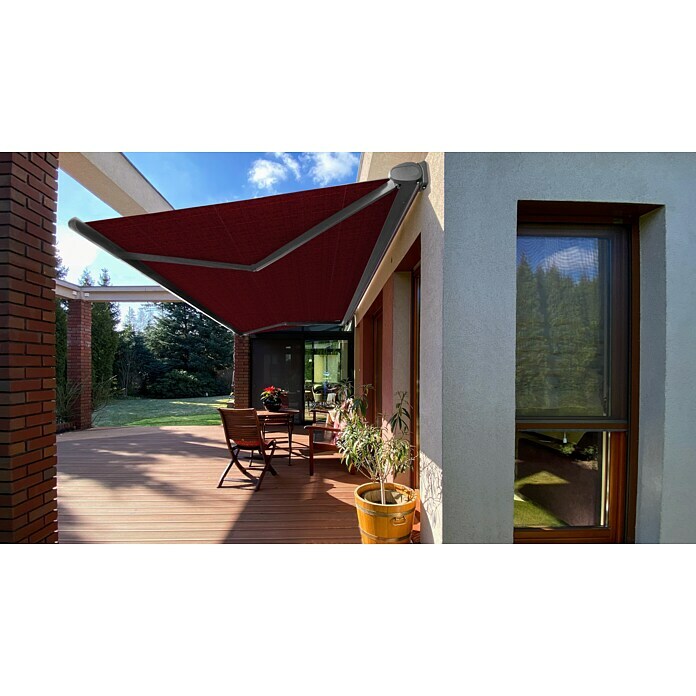 SM Vollkassettenmarkise T-407/11 (Rot, Farbe Gestell: Weißaluminum, Breite: 5 m, Ausfall: 3 m) + BAUHAUS Garantie 5 Jahre
