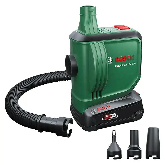 Bosch Power for All 18V Akku-Luftpumpe EasyInflate 18V-500 - 18 V, 1 Akku - Das Bild zeigt den Bosch EasyInflate 18V-500 Akku-Luftverdichter mit Schlauch und verschiedenen Aufsätzen auf schwarzem Hintergrund.