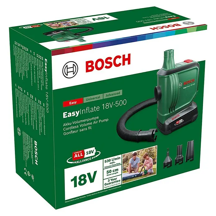 Bosch Power for All 18V Akku-Luftpumpe EasyInflate 18V-500 - 18 V, 1 Akku - Bild des Bosch EasyInflate 18V-500 Akku-Volumenpumpe Sets.