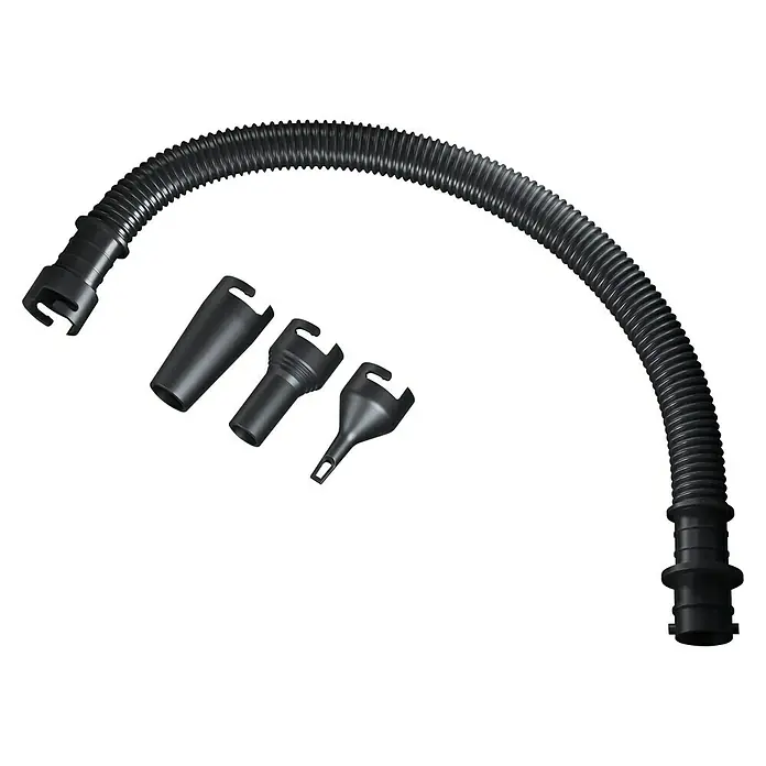 Bosch Power for All 18V Akku-Luftpumpe EasyInflate 18V-500 - 18 V, 1 Akku - Eine Nahaufnahme eines schwarzen Schlauchs mit verschiedenen Aufsätzen für eine Vakuumpumpe oder ein ähnliches Gerät.