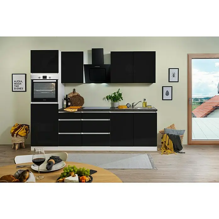Respekta Premium Küchenleerblock Lorena - Breite: 270 cm, Schwarz, Hochglänzend, Dekor Arbeitsplatte: Steinoptik, Ohne Elektrogeräte - Schwarze Küche mit modernen Schränken, Arbeitsfläche und Geräten für ein stilvolles und funktionales Küchendesign.