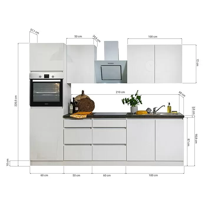 Respekta Premium Küchenleerblock Lorena - Breite: 270 cm, Weiß, Hochglänzend, Dekor Arbeitsplatte: Steinoptik, Ohne Elektrogeräte - Skizze