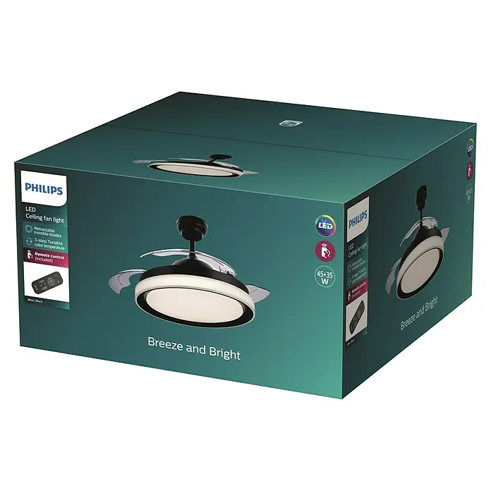 Philips Ventilador de techo Bliss Negro - Transparente, 51 cm, 28 W - 35 W, Blanco cálido - La imagen muestra el embalaje de un ventilador de techo LED Philips con aspas retráctiles invisibles, temperatura de color ajustable en 3 pasos y control remoto.