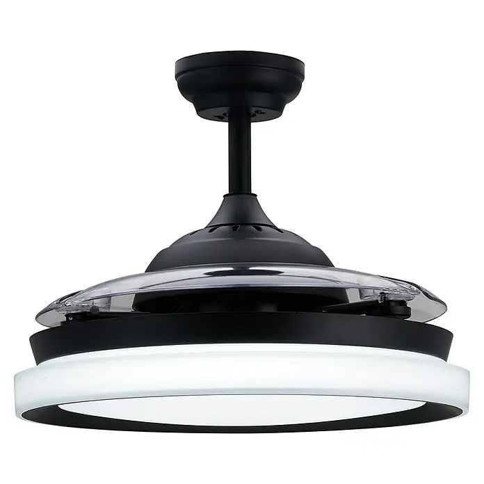 Philips Ventilador de techo Bliss Negro - Transparente, 51 cm, 28 W - 35 W, Blanco cálido - Ventilador de techo moderno con iluminación LED. El diseño elegante presenta un marco negro y una cubierta transparente.