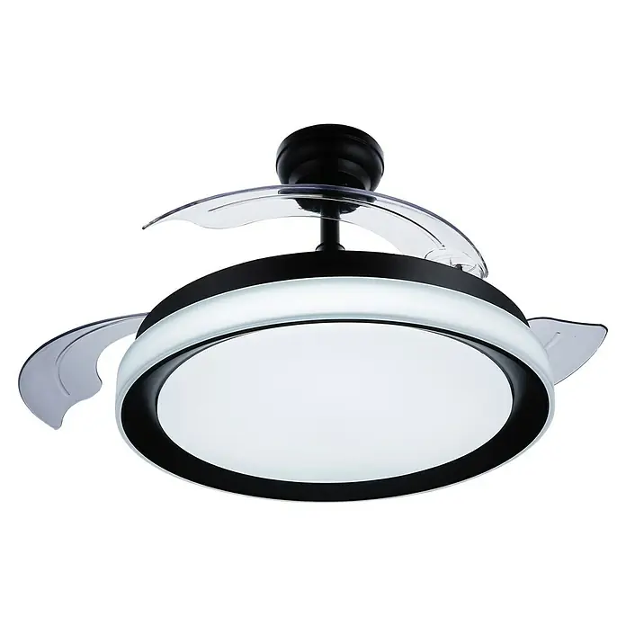 Philips Ventilador de techo Bliss Negro - Transparente, 51 cm, 28 W - 35 W, Blanco cálido - Primer plano de un ventilador de techo moderno con iluminación integrada y aspas transparentes sobre un fondo negro.