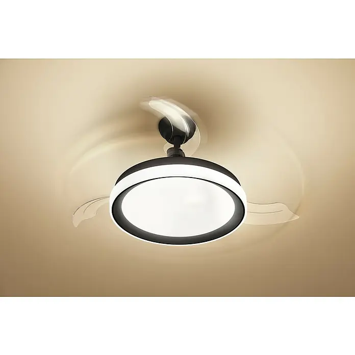 Philips Ventilador de techo Bliss Negro - Transparente, 51 cm, 28 W - 35 W, Blanco cálido - Ventilador de techo en movimiento con luz integrada, ideal para interiores modernos. Proporciona refrigeración e iluminación.