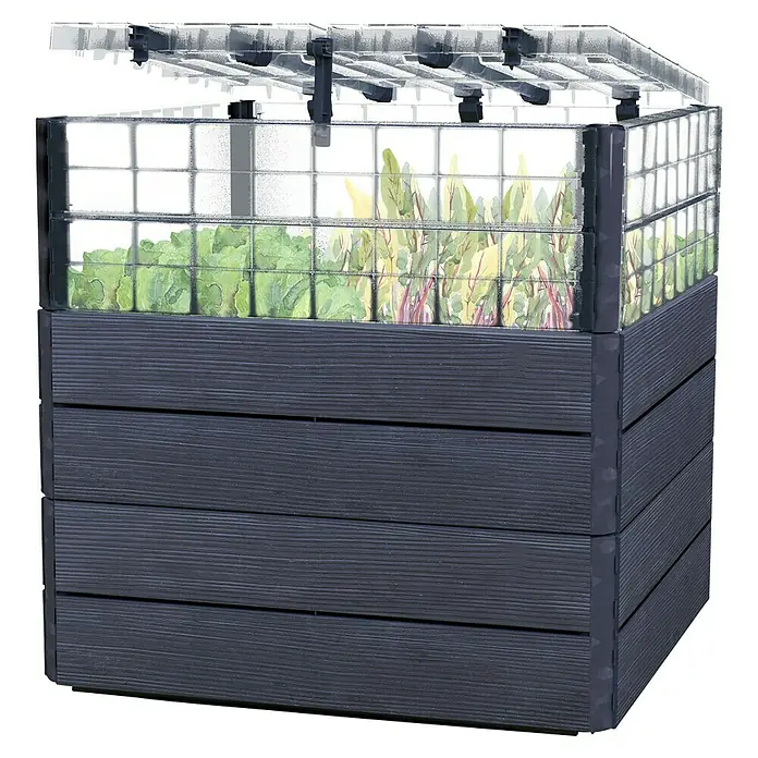 Garantia Hochbeet ERGO Quadro TurboPlus L - 80 x 80 x 80 cm, Kunststoff, Holzoptik - Hochbeet mit Abdeckung, ideal für Gemüseanbau im Garten oder auf der Terrasse. Das Beet schützt Pflanzen vor Schädlingen und Witterungseinflüssen.