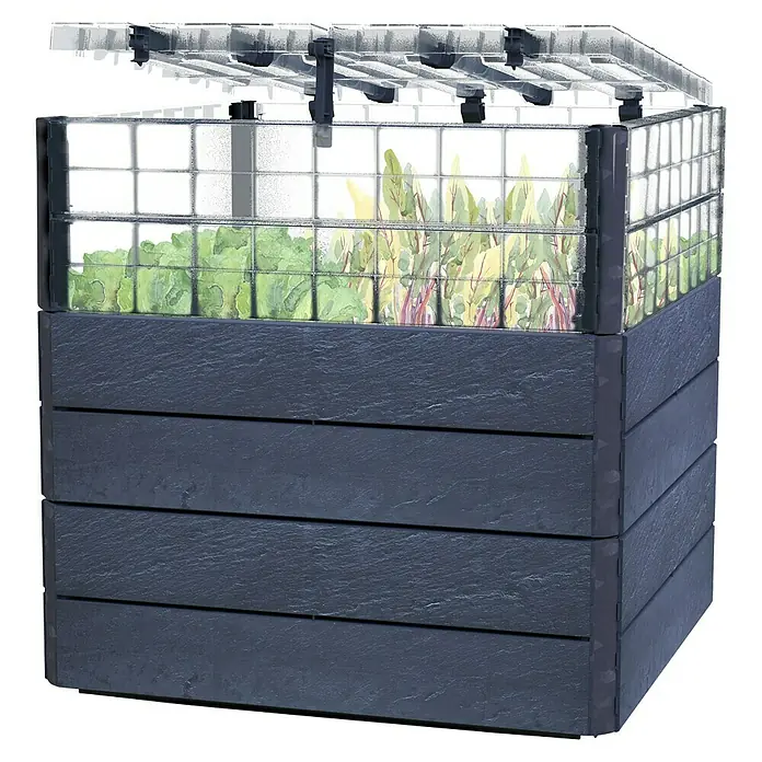 Garantia Hochbeet ERGO Quadro TurboPlus L - 80 x 80 x 80 cm, Kunststoff, Steinoptik - Das Bild zeigt einen erhöhten Gartenkasten mit durchsichtigem Deckel, gefüllt mit grünen Pflanzen. Ideal für den Garten oder die Terrasse.