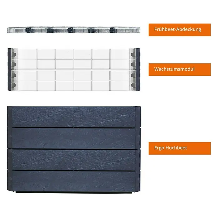 Garantia Hochbeet ERGO Quadro TurboPlus L - 80 x 80 x 80 cm, Kunststoff, Steinoptik - Das Bild zeigt einen Ergo Hochbeet Bausatz mit Frühbeet-Abdeckung und Wachstumsmodulen. Ein Komplettpaket für den Garten.