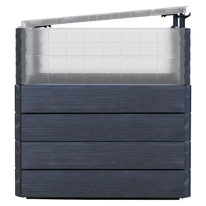 Garantia Hochbeet ERGO Quadro TurboPlus L - 80 x 80 x 80 cm, Kunststoff, Holzoptik - Ein rechteckiger Pflanzkasten aus blauem Holz mit einem transparenten Aufsatz für das Wachstum von Pflanzen.