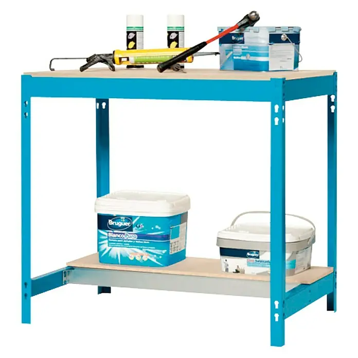 Simonrack Simonwork Banco de trabajo BT0 - L x An: 76 x 121 cm, Altura de trabajo: 84,2 cm, Carga soportada: 850 kg, Azul - Banco de trabajo con botes de pintura, rodillo y pistola de calafateo, ideal para trabajos de pintura y proyectos DIY.
