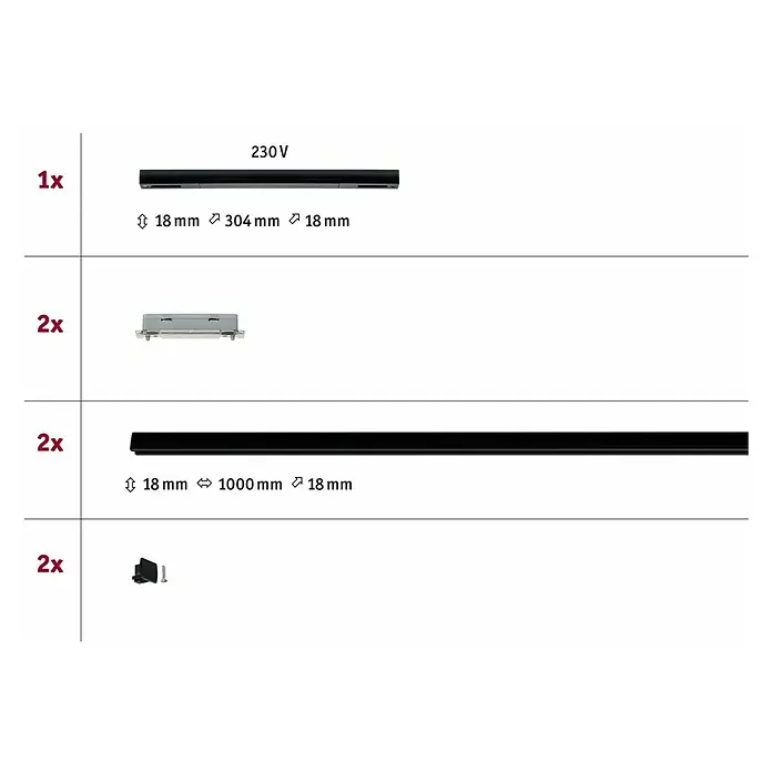 Paulmann URail Basis-Set - Schwarz, Länge: 2,3 m, Metall - Abbildung der Komponenten des Produkts, inklusive einer 304mm Leuchte, zwei 1000mm Leuchten, zwei Halterungen und zwei Endkappen.