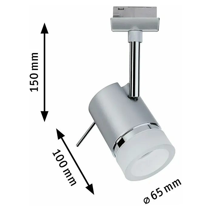 Paulmann URail LED-Spot Pipe - GU10, Chrom matt - Produktansicht einer silbernen, zylinderförmigen Deckenleuchte mit Abmessungen.