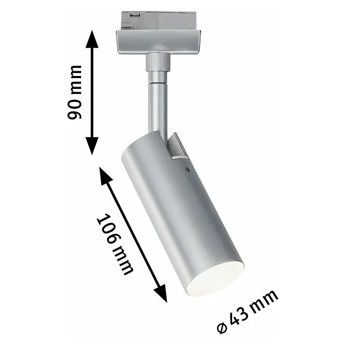 Paulmann URail LED-Spot Tubo - 5 W, L x B x H: 10,5 x 4,2 x 19,6 cm, Chrom-matt, Warmweiß - Produktbild einer silbernen Stromschienenleuchte mit den Maßen 90 mm Höhe, 106 mm Länge und 43 mm Durchmesser.