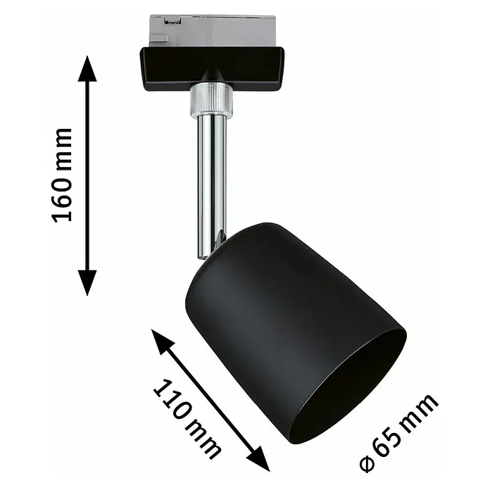 Paulmann URail LED-Spot Cover - 10 W, Schwarz, Chrom, GU10 - Produktbild einer schwarzen Deckenspotleuchte mit den Maßen 160 mm Höhe, 110 mm Länge und 65 mm Durchmesser.