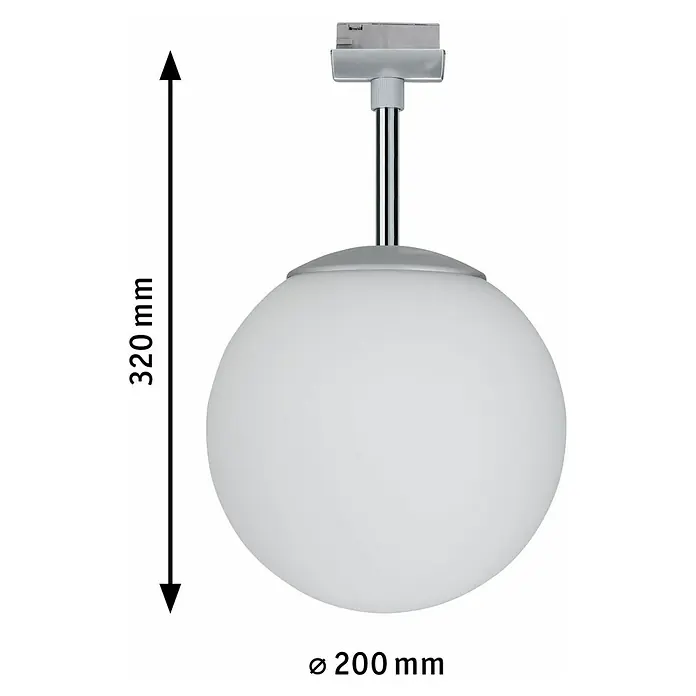 Paulmann URail Deckenleuchte Ceiling Globe Small - 10 W, Durchmesser: 20 cm - Bild einer weißen Kugel-Pendelleuchte mit den Maßen 320 mm Höhe und 200 mm Durchmesser.