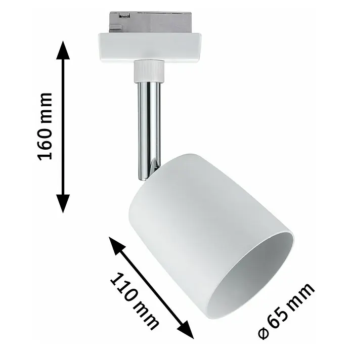 Paulmann URail LED-Spot Cover - 10 W, Weiß, Chrom, GU10 - Produktansicht einer weißen Strahlerlampe mit den Maßen 160 mm Höhe, 110 mm Länge und einem Durchmesser von 65 mm.