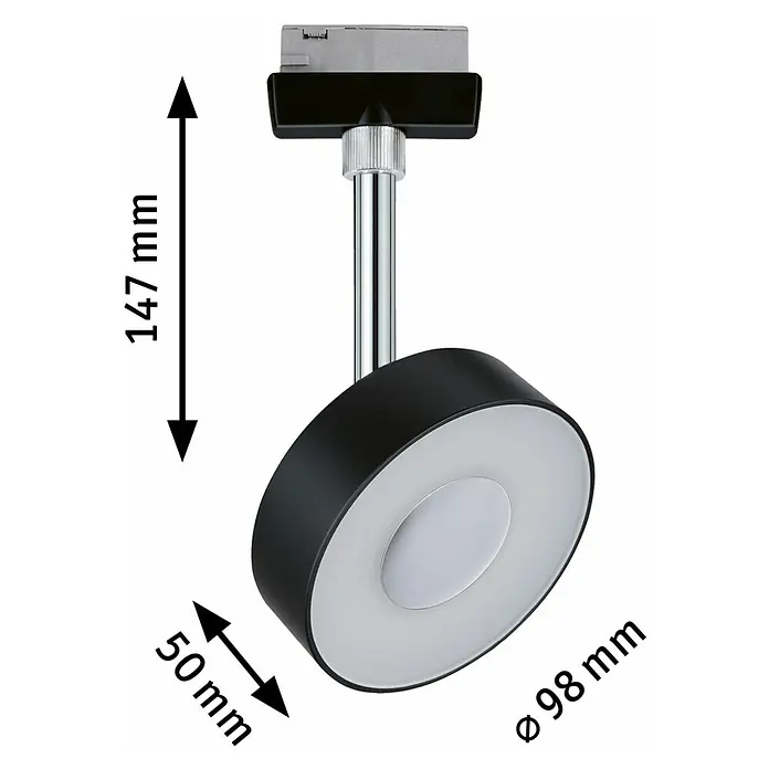 Paulmann URail LED-Spot Circle - 5 W, Schwarz, Chrom, Warmweiß - Abbildung einer modernen schwarzen Deckenleuchte mit LED-Beleuchtung und silberner Stange zur Befestigung an der Decke.