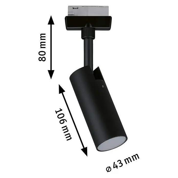Paulmann URail LED-Spot Tubo - 4,5 W, L x B x H: 105 x 42 x 186 mm, Schwarz, Neutralweiß - Produktbild einer schwarzen Stromschienleuchte mit den Maßen 80 mm Höhe, 106 mm Länge und einem Durchmesser von 43 mm.